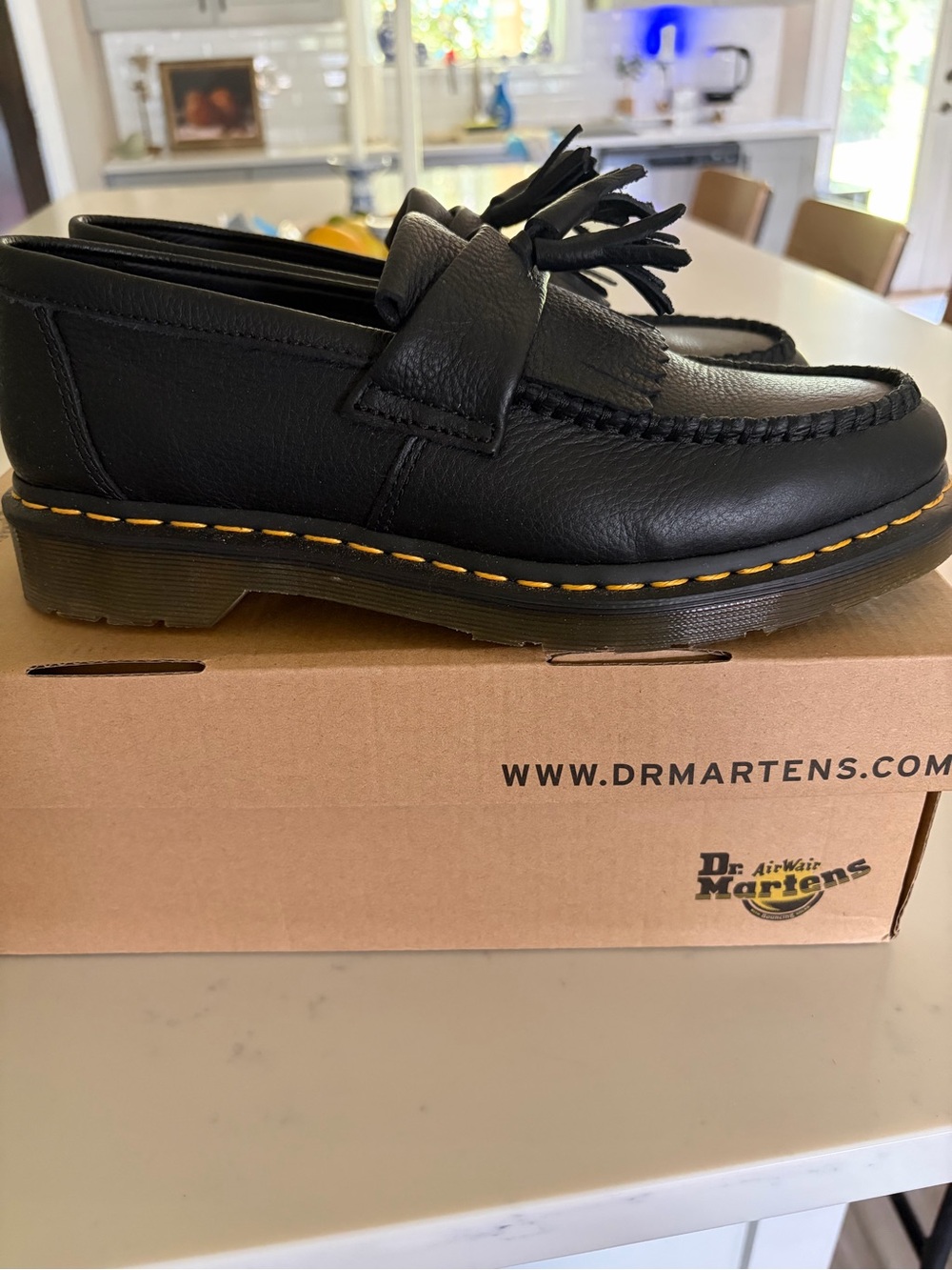 Dr. Martens Black Adrian Kiltie Tassel Loafers with Yellow Stitching - Picture 2 of 6